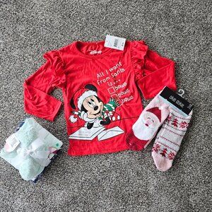 Girls 4T Bundle, Micky Christmas Top, Christmas Socks and 3pc Pj set , all NWT